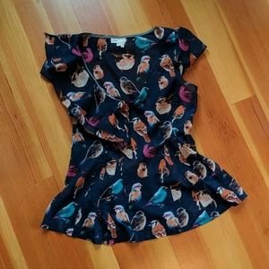 Anthropologie Meadow Rue Navy Birds Fitted Blouse